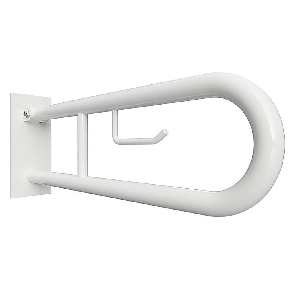 Brillantbad BELP St&uuml;tzklappgriff in U-Form mit Toilettenpapierhalter Eisen Wei&szlig; mit Abdeckung 100x250x829 mm, 120 kg Traglast f&uuml;r Bad & WC >> zum Bohren 