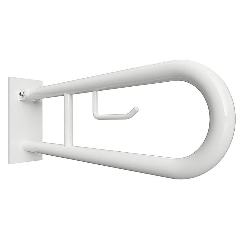 Brillantbad BELP St&uuml;tzklappgriff in U-Form mit Toilettenpapierhalter Eisen Wei&szlig; mit Abdeckung 100x250x866 mm, 120 kg Traglast f&uuml;r Bad & WC >> zum Bohren 