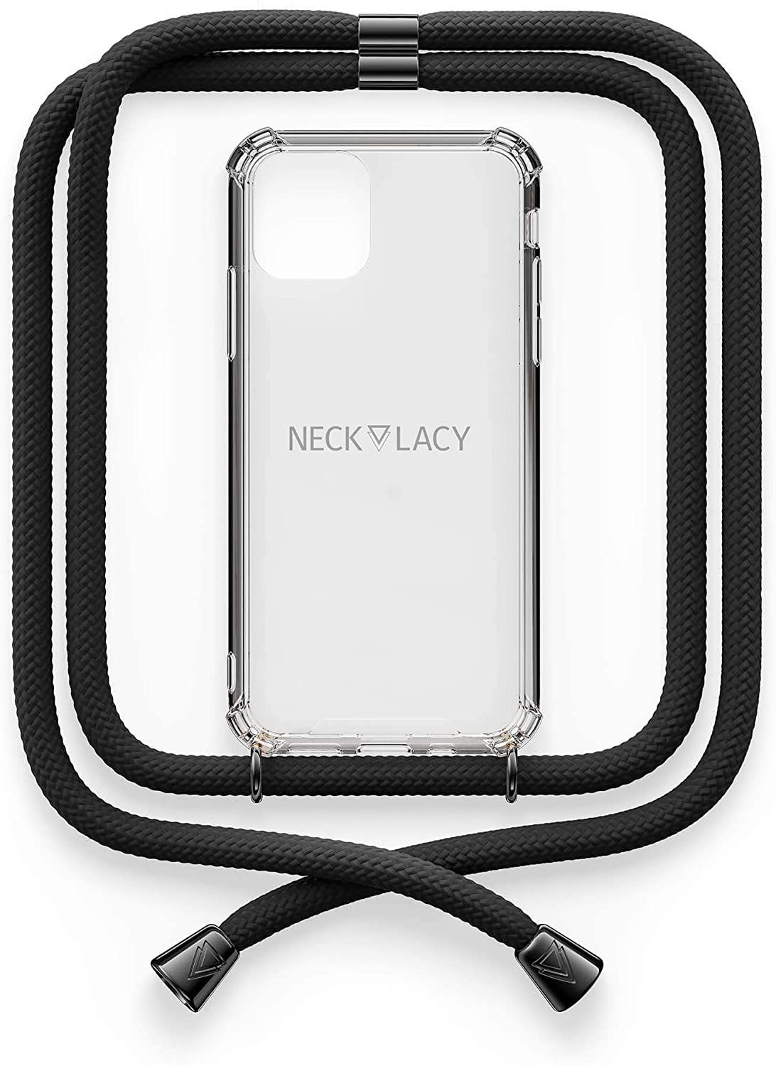 NECKLACY Handykette Handyh&uuml;lle zum umh&auml;ngen - f&uuml;r iPhone 11 - Case / Handyh&uuml;lle mit Band zum umh&auml;ngen - Trageband Hals mit Kordel - Smartphone Necklace, All Black 
