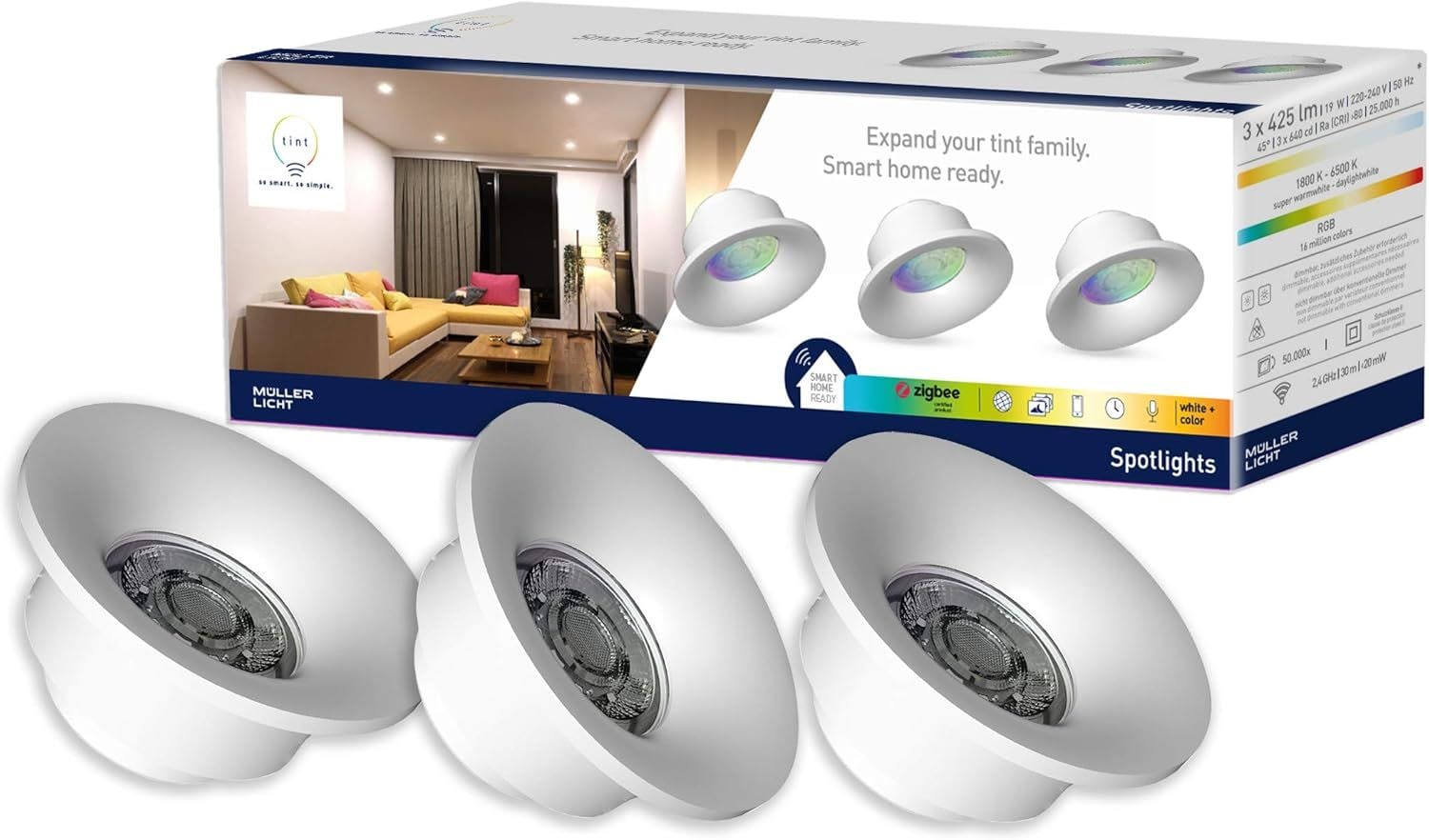 tint 3er-Set Smarte LED Spotlights mit wei&szlig;em und farbigem Licht RGB &Oslash; 76mm 