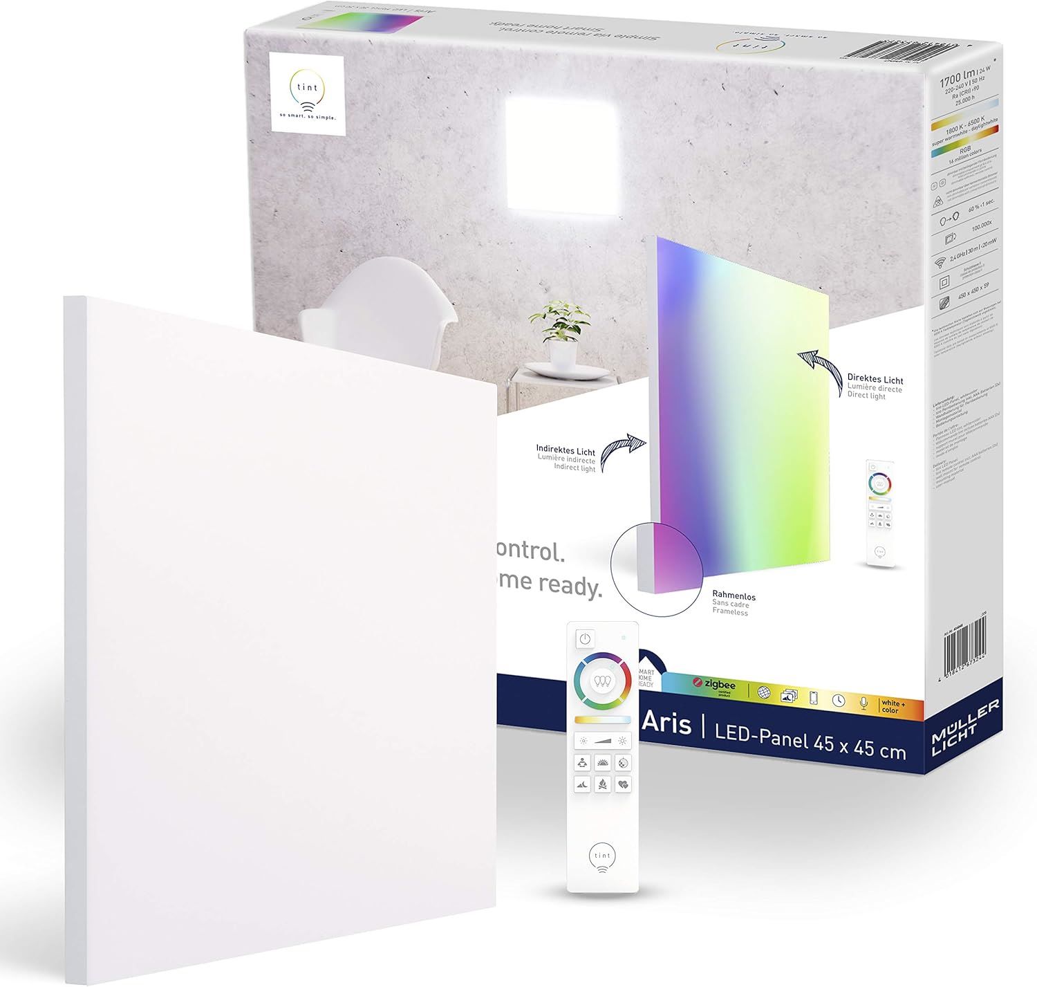 tint Smarte LED-Panelleuchte ARIS &ndash; dimmbar mit wei&szlig;em- und farbigem Licht &ndash; 30x30cm 