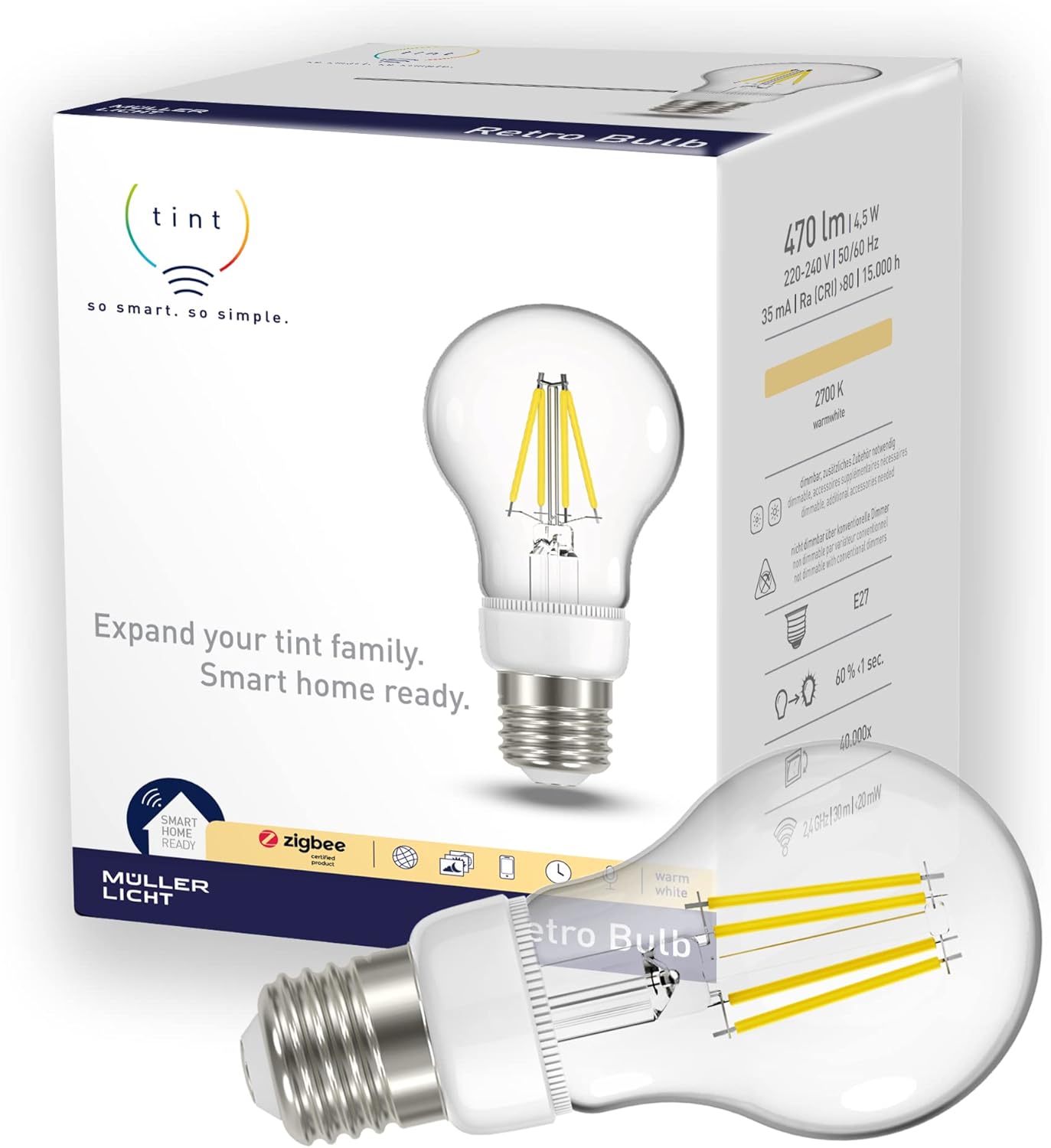 tint Smarte LED-Birne Retro &ndash; Dimmbare E27 Gl&uuml;hbirne mit warmwei&szlig;em Licht 2700 K, 5W 