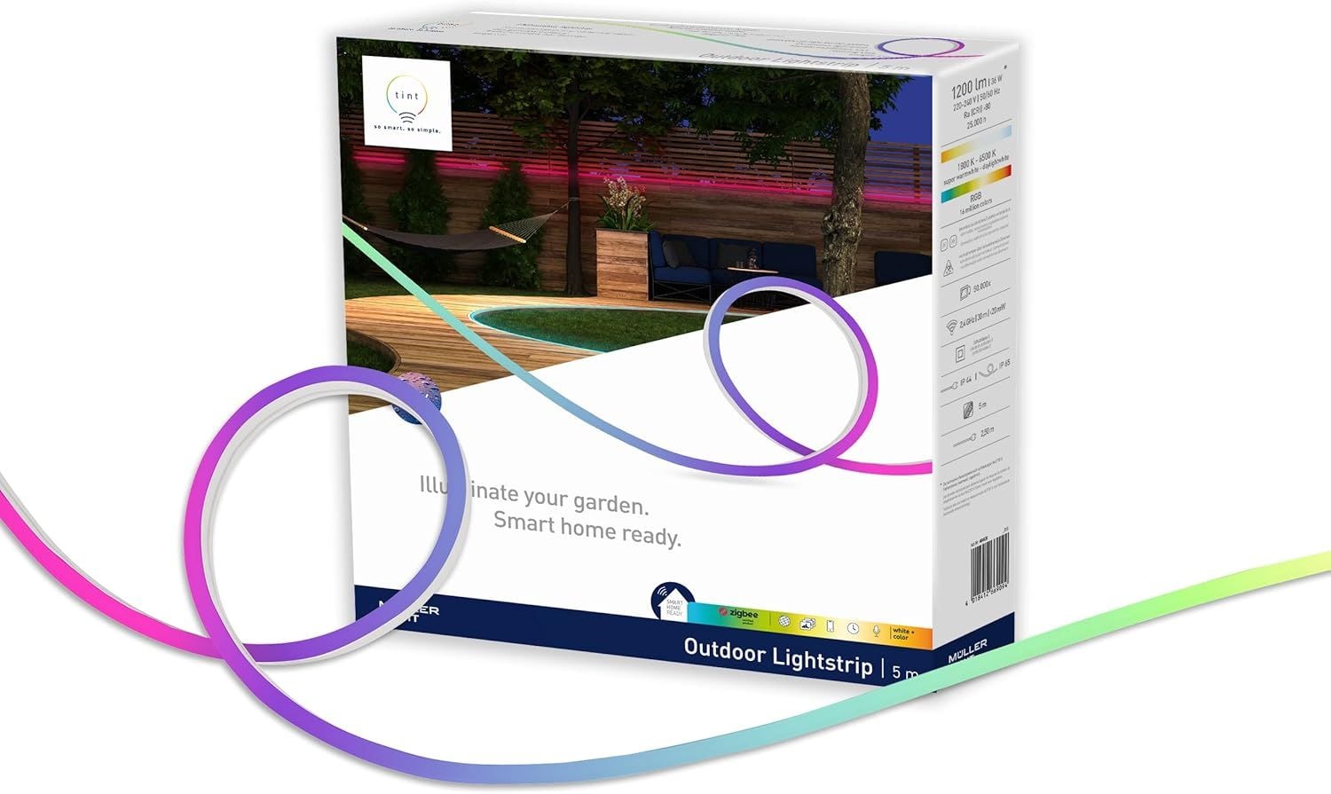 tint Smarter Outdoor LED Strip Streifen, wei&szlig;es & farbiges Licht RGB, dimmbar, IP44, 37W, 5m 