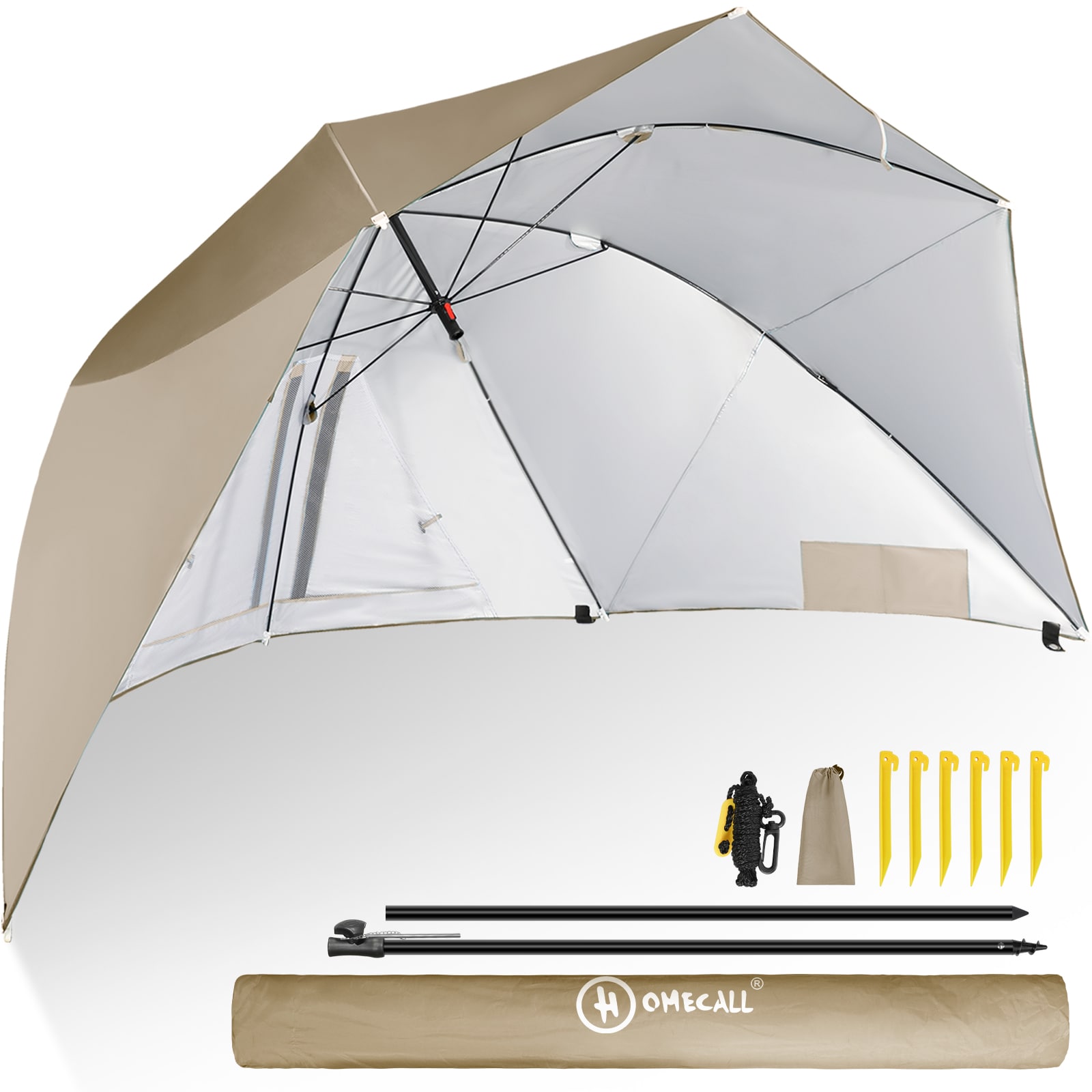 HOMECALL Strandmuschel mit umbrella system, UV-resistentes 50+ Umfunktionieren, f&uuml;r 2-3 Personen, Khaki 