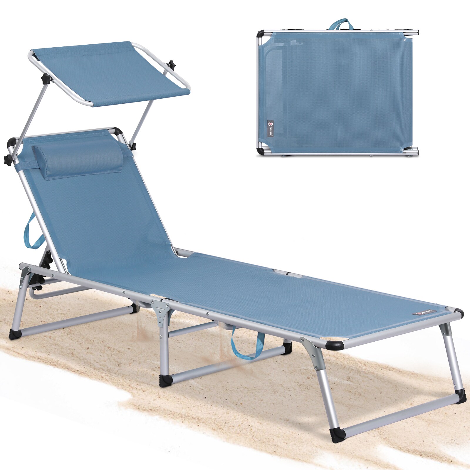 HOMECALL Strandliege Leicht Alu Sonnenliege, 5 fach Verstellbare R&uuml;ckenlehne, mit Sonnenschutzdach, bis 120KG, blau 