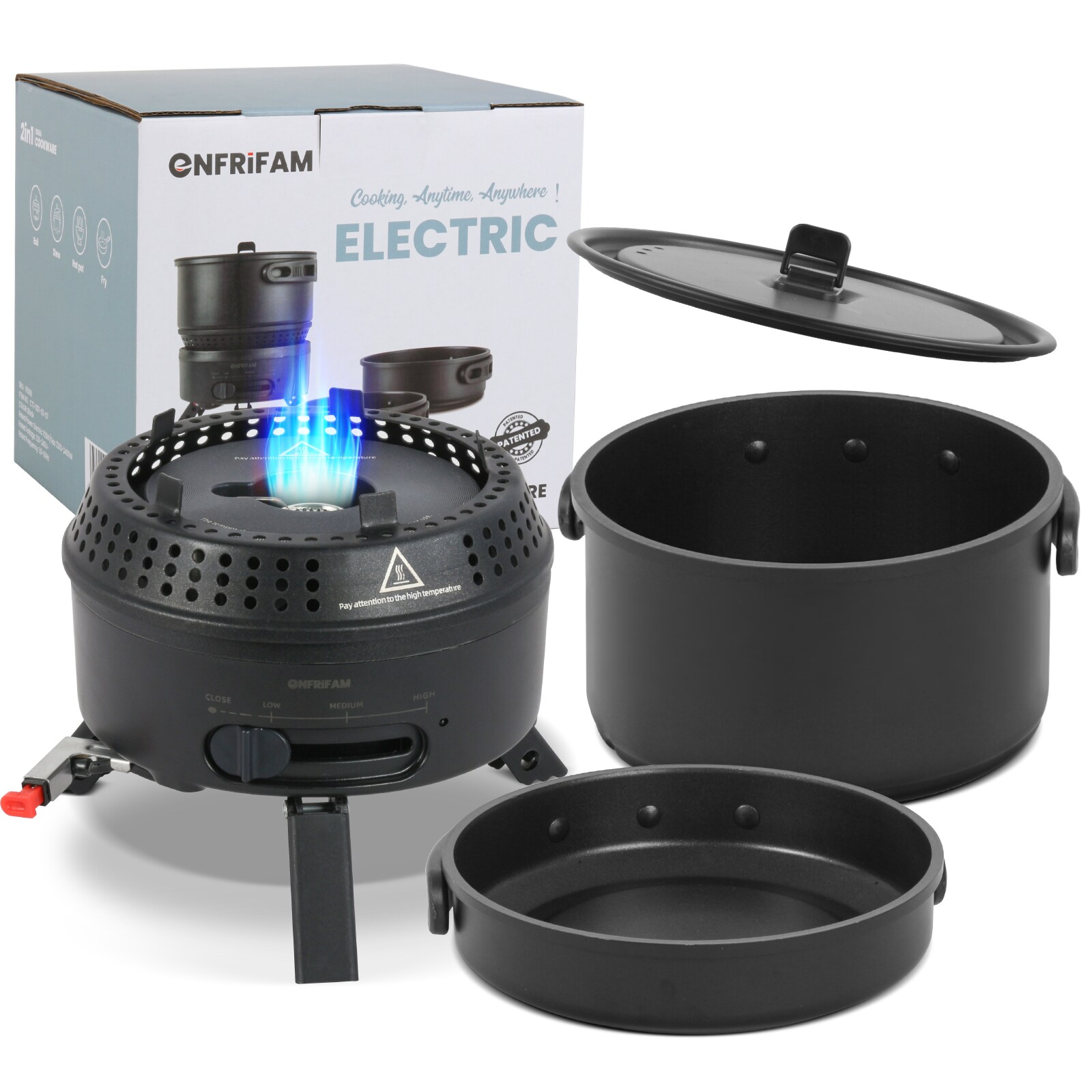 Topf-Set Campingkocher, Gaskocher Outdoor Kochgeschirr, Tragbar Reisekocher , Aluminium.Kombiniere 700W Elektrische und 2200W Gas, 1 flammig, für 2-4 Personen , für Picknick Backpacking Camping Wandern