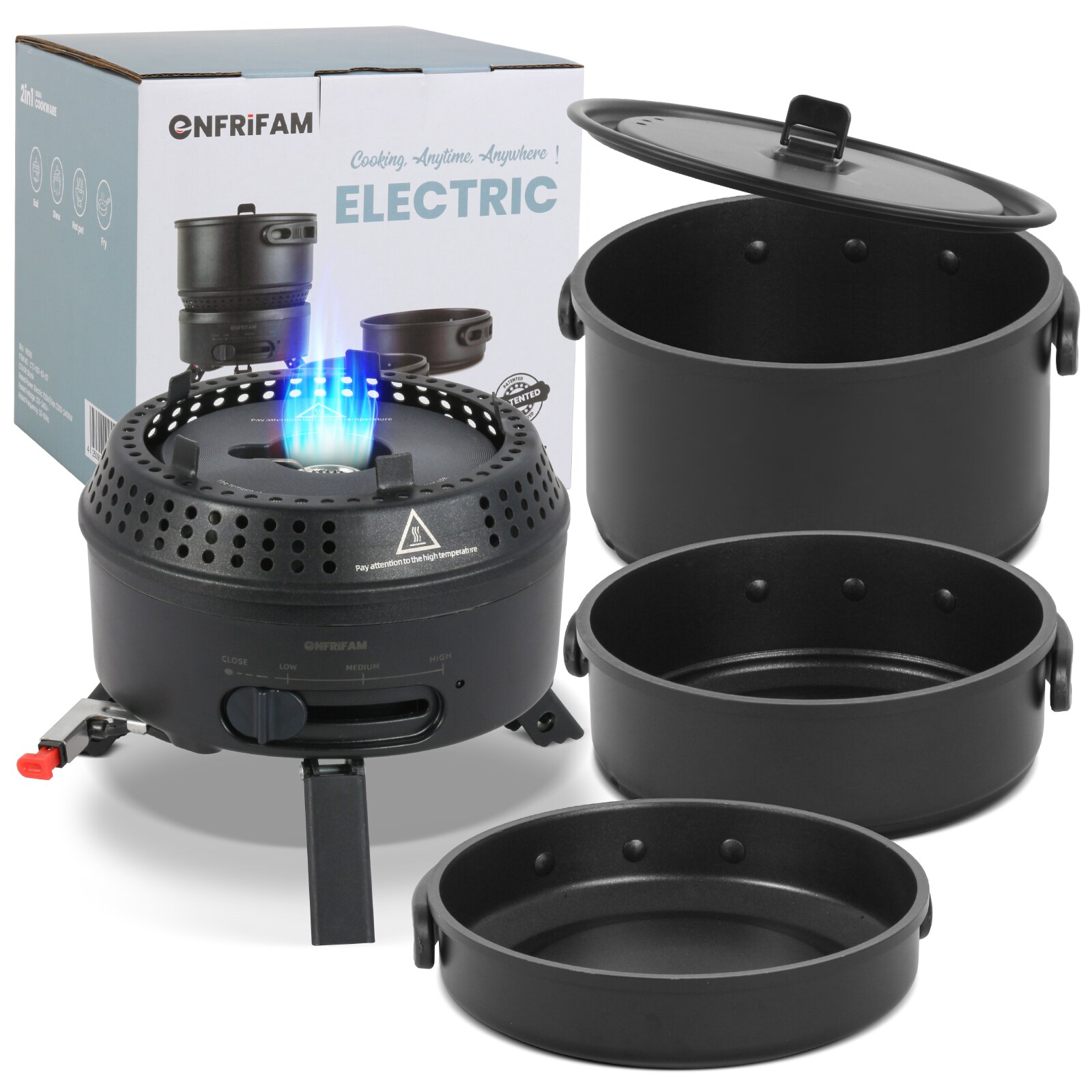 Topf-Set Campingkocher, Gaskocher Outdoor Kochgeschirr, Tragbar Reisekocher , Aluminium.Kombiniere 700W Elektrische und 2200W Gas, 1 flammig, für 2-4 Personen , für Picknick Backpacking Camping Wandern