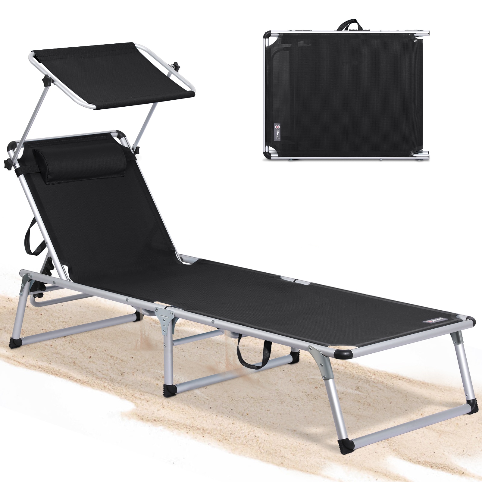 HOMECALL Strandliege Leicht Alu Sonnenliege, 5 fach Verstellbare R&uuml;ckenlehne, mit Sonnenschutzdach, bis 120KG, schwarz 