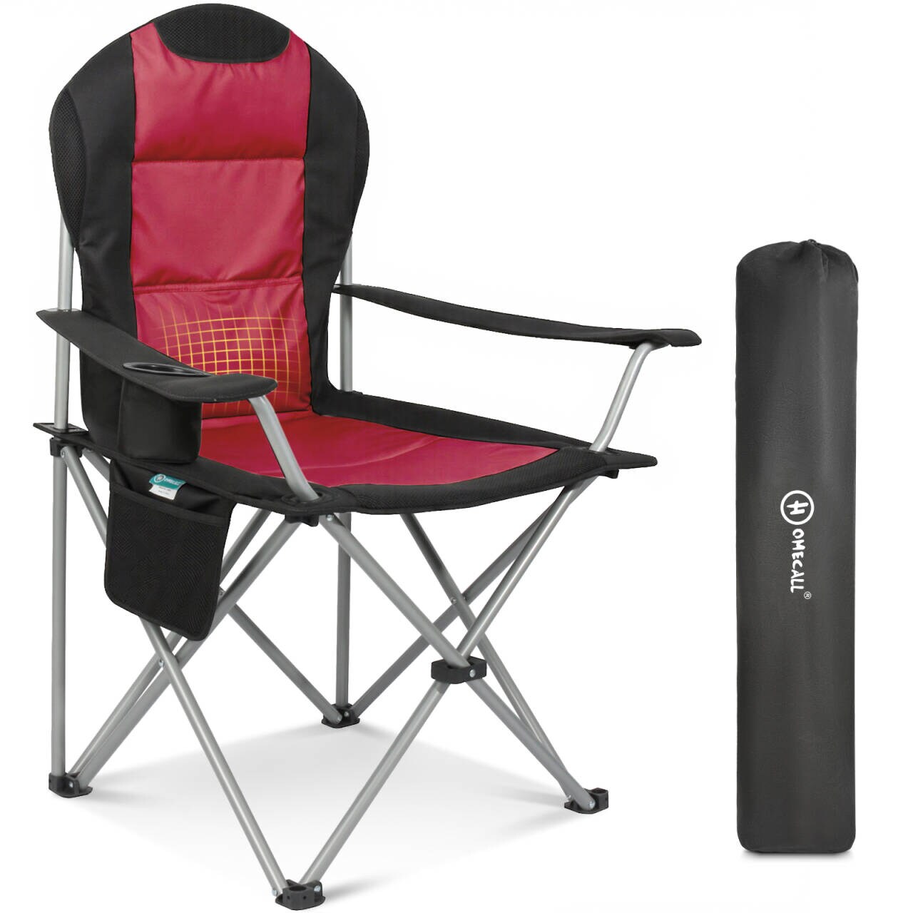 Klappbar Campingstuhl, Hochlehner Angelstuhl, mit Getränkehalter, rot/schwarz