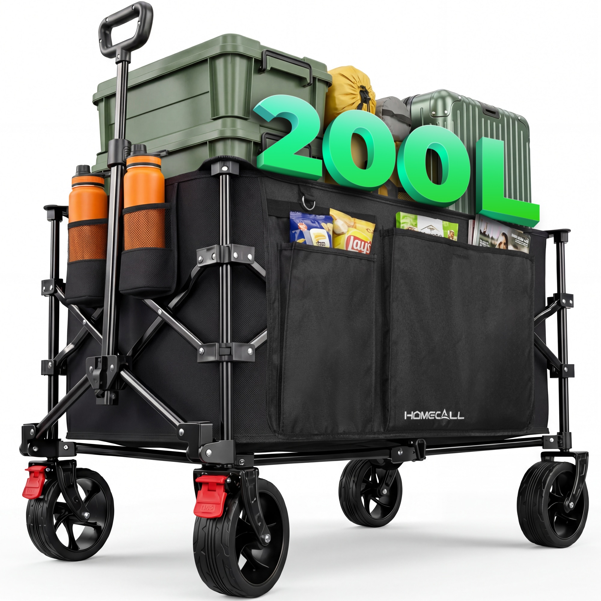 HOMECALL Bollerwagen Handwagen 200L 200kg XXL-Volumen mit praktischer K&uuml;hltasche (Schwarz) 