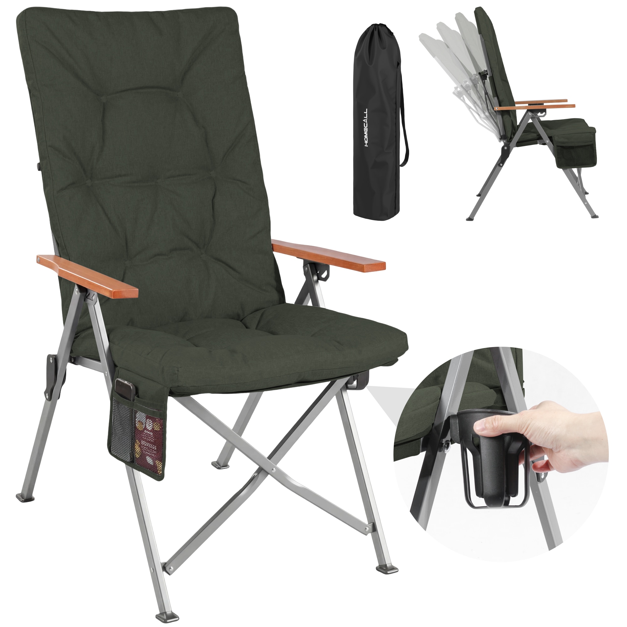 Homecall Campingstuhl Faltbar Hochlehner Luxus Klappstuhl mit 4,5cm Dicke Gepolstert, (150kg Belastbar mit 4 Positionen Verstellbar Angelstuhl, 1 St), f&uuml;r Garten Balkon Wohnmobil (dunkelgrau) 