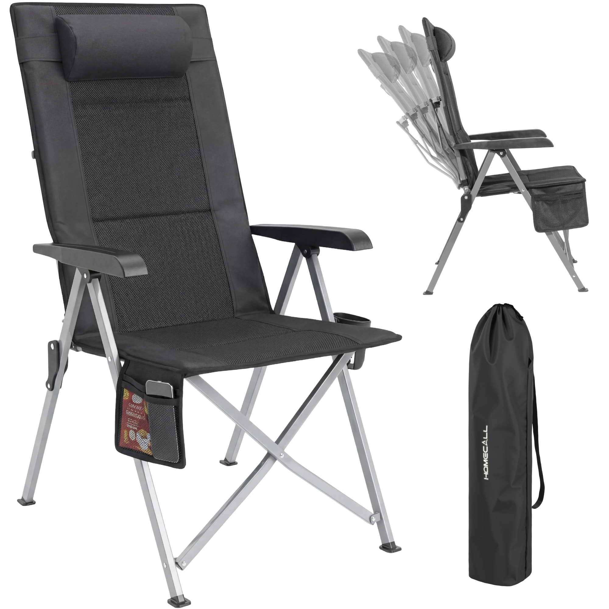 Homecall Klappstuhl Campingstuhl Faltbar 72 cm Hochlehner Luxus Klappstuhl, (Tragf&auml;higkeit 150 KG, 3D-Mesh + 600D Oxford, Multifunktions-Aufbewahrung), Leicht (4,6 kg) f&uuml;r Outdoor, Garten, Picknick (schwarz) 
