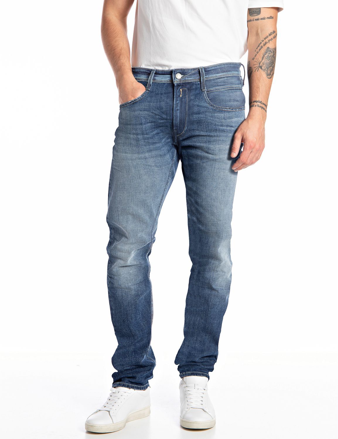 Replay Hose 5-Pocket-Jeans ANBASS 11.5 OZ DEEP BLUE INDIGO STRETCH DENIM mit Markenlabel 