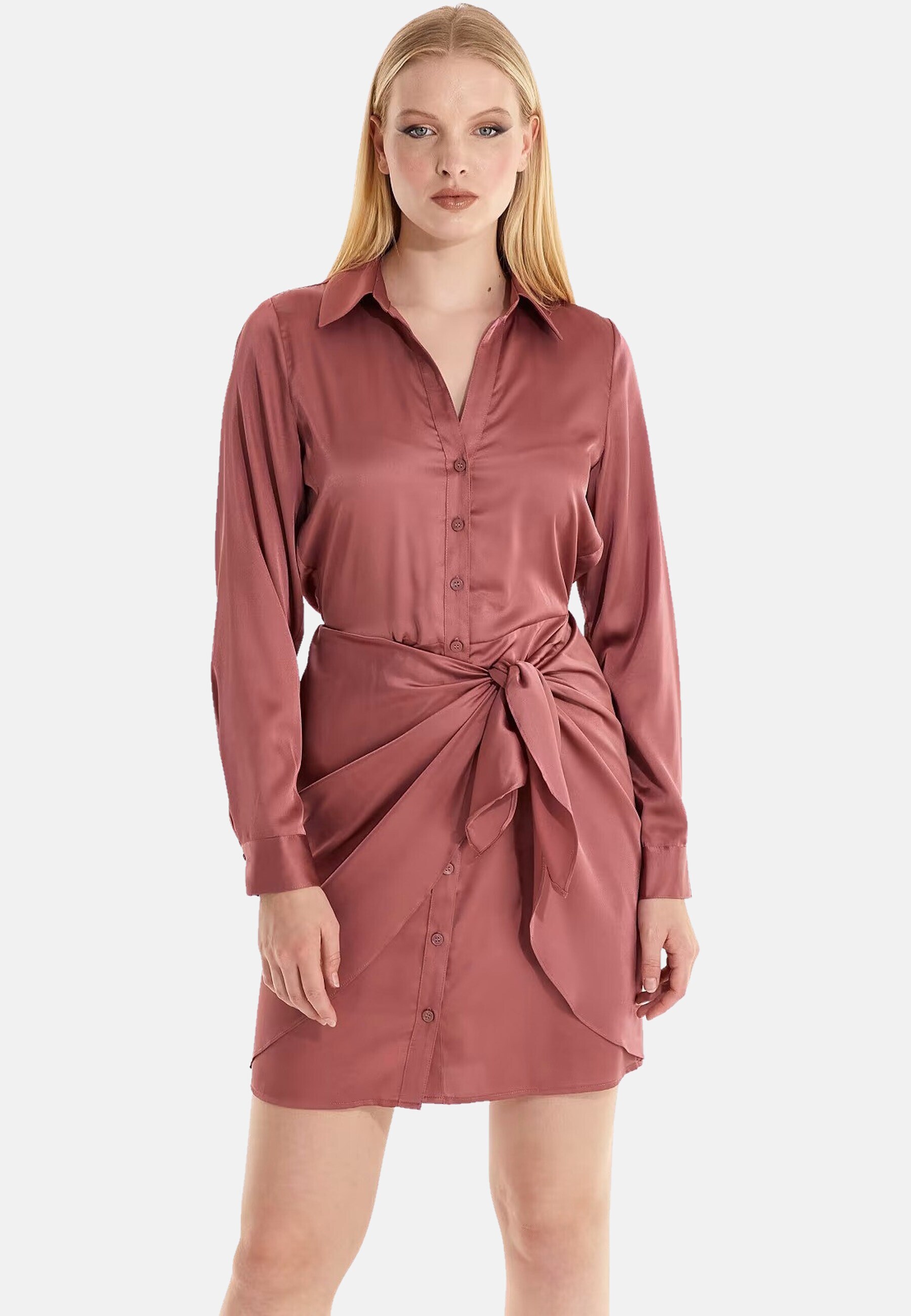 Guess Kleider Lang&auml;rmliges Hemdkleid Alya mit durchgehender Knopfleiste in gl&auml;nzender Optik 