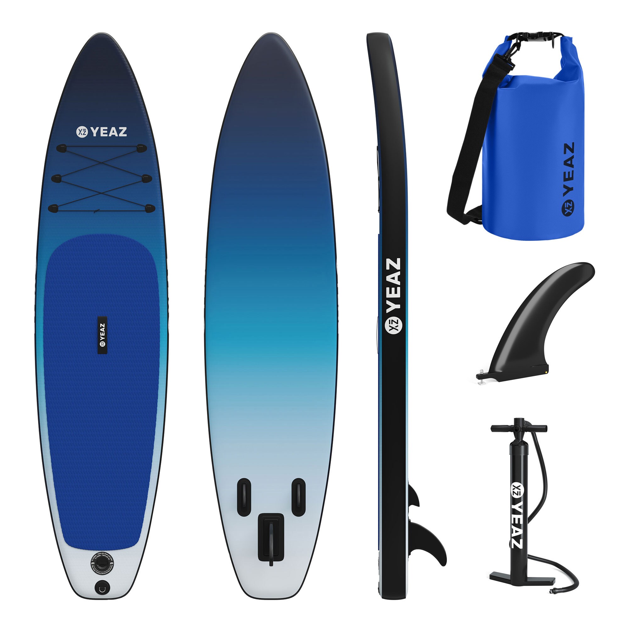 YEAZ Aufblasbares Allround-Stand-Up-Paddle-Board im California-Design mit wasserfestem Packsack &ndash; Komplettset f&uuml;r Outdoor & Wassersport SUP Board OCEAN BEACH EXOTRACE inkl. ISAR Dry Bag 1,5L 