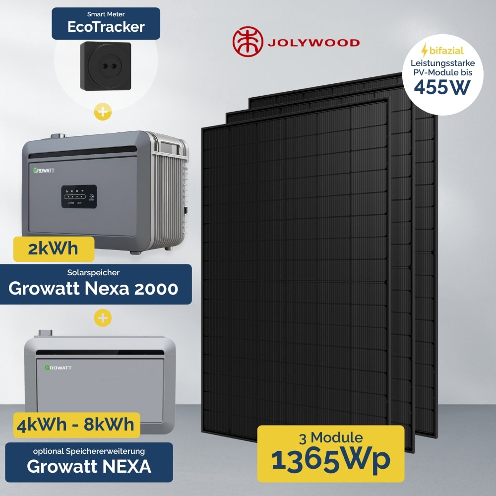 1365W Balkonkraftwerk mit Speicher - Growatt NEXA 2000 All-in-One & 3x Jolywood 455W 