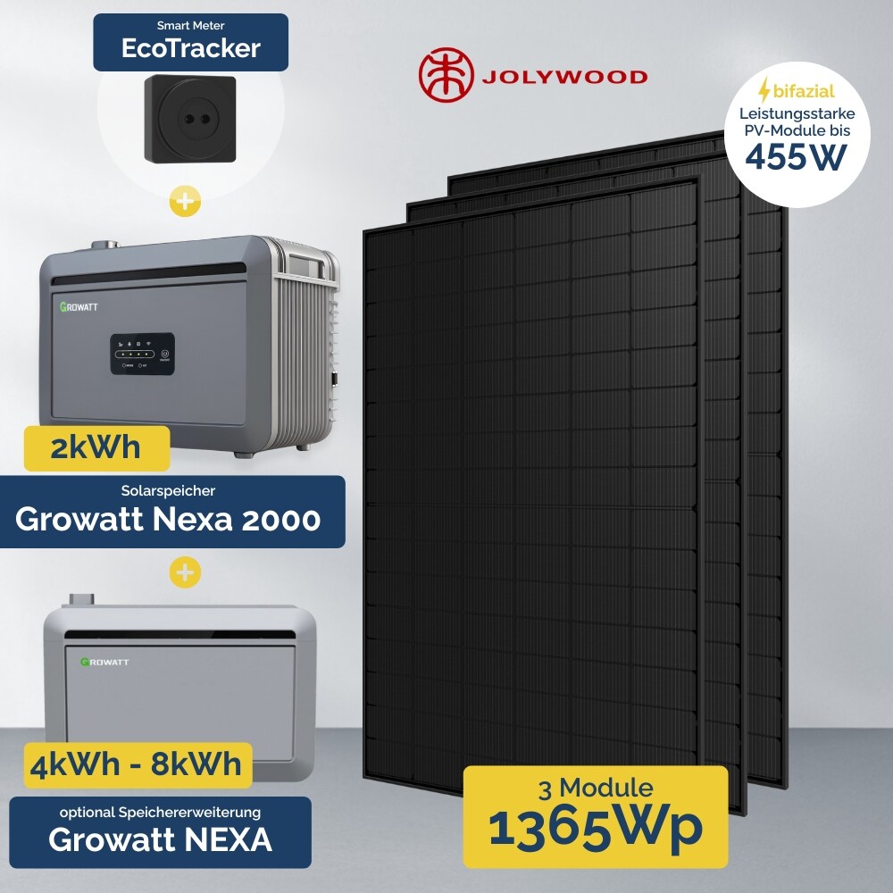 1380W Balkonkraftwerk mit Speicher - Growatt NEXA 2000 All-in-One & 3x Jolywood 455W 