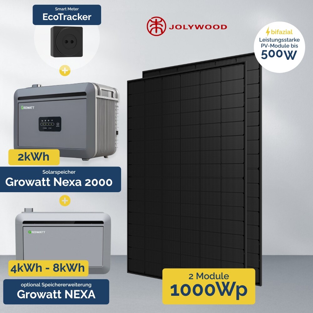 1000W Balkonkraftwerk mit Speicher - Growatt NEXA 2000 All-in-One & 2x Jolywood 500W 