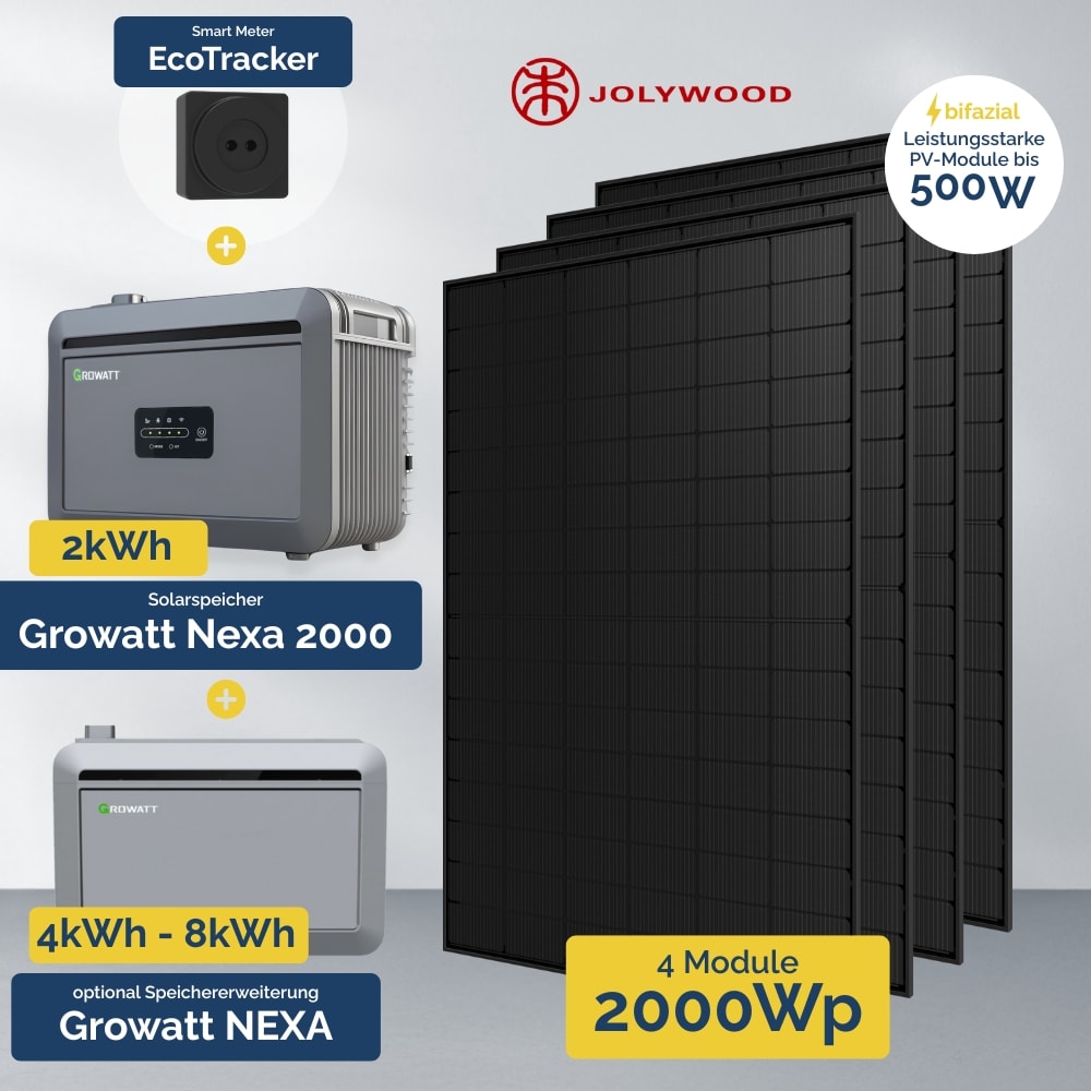 2000W Balkonkraftwerk mit Speicher - Growatt NEXA 2000 All-in-One & 4x Jolywood 500W 