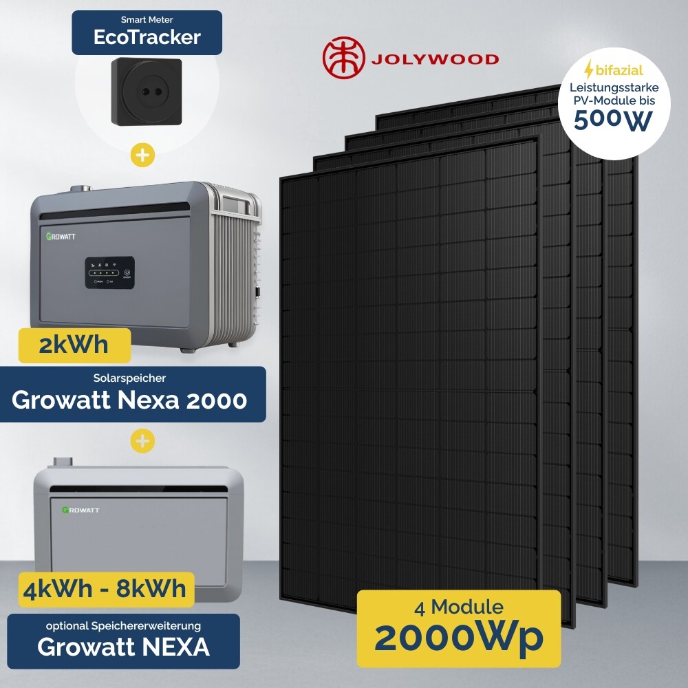 2000W Balkonkraftwerk mit Speicher - Growatt NEXA 2000 All-in-One & 4x Jolywood 500W 