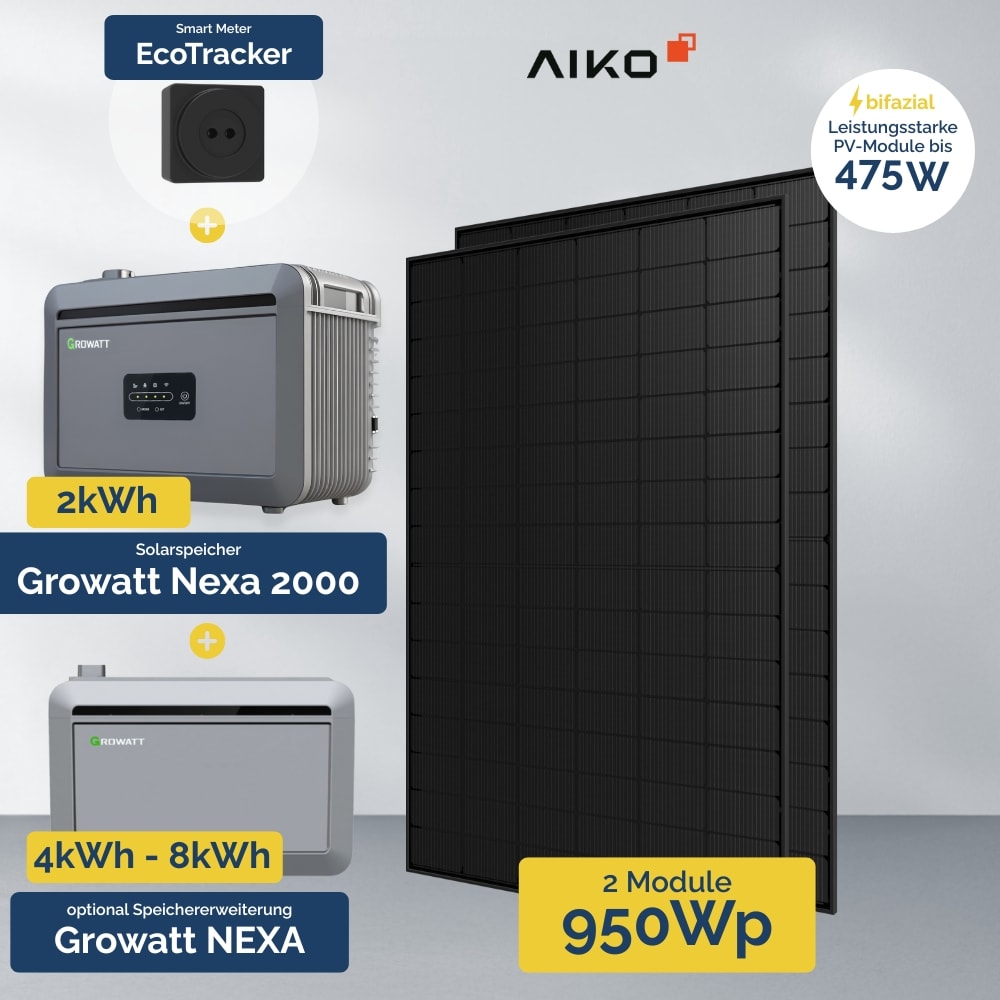 950W Balkonkraftwerk mit Speicher - Growatt NEXA 2000 All-in-One & 2x AIKO 475W 