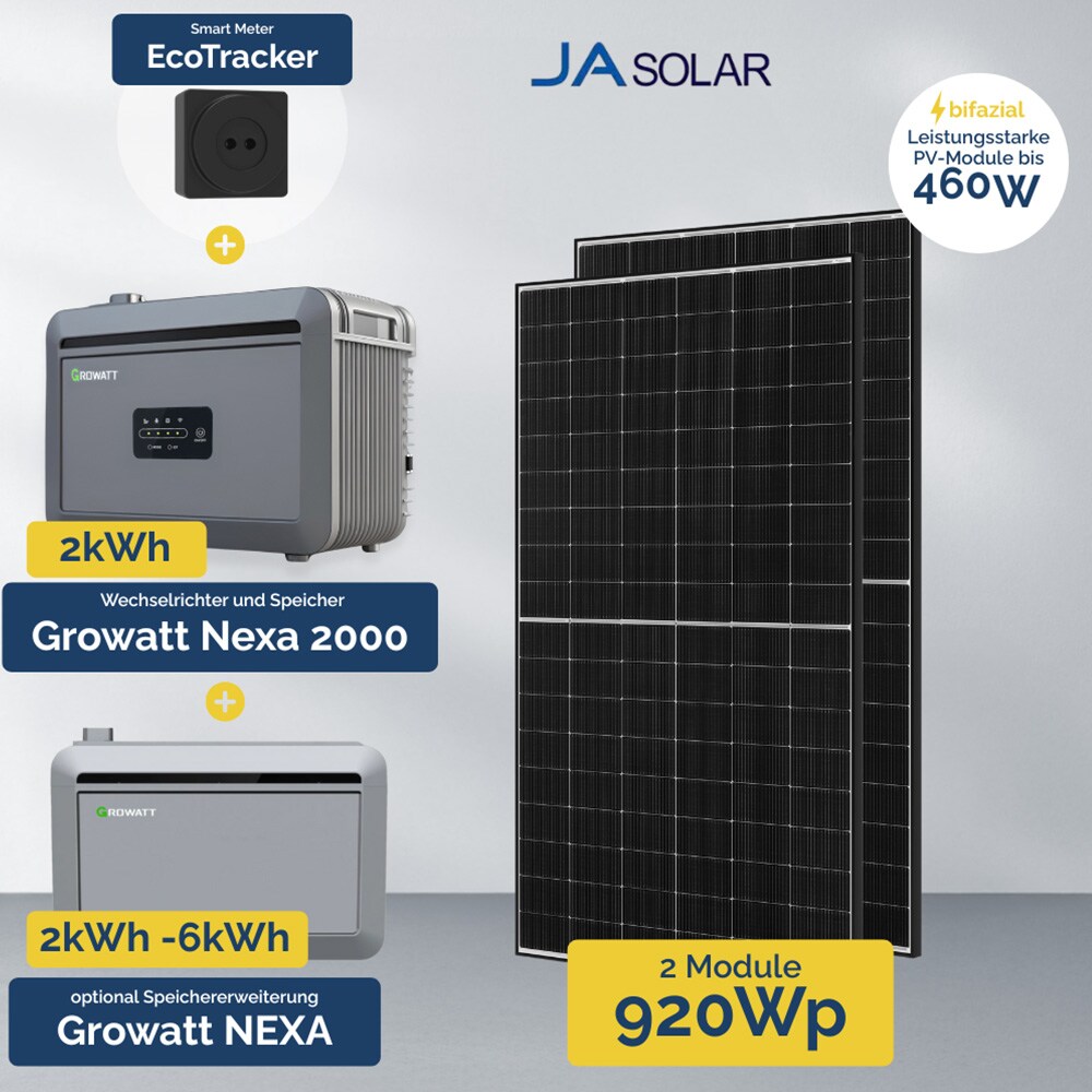 920W Balkonkraftwerk mit Speicher - Growatt NEXA 2000 All-in-One & 2x JA Solar 460W 