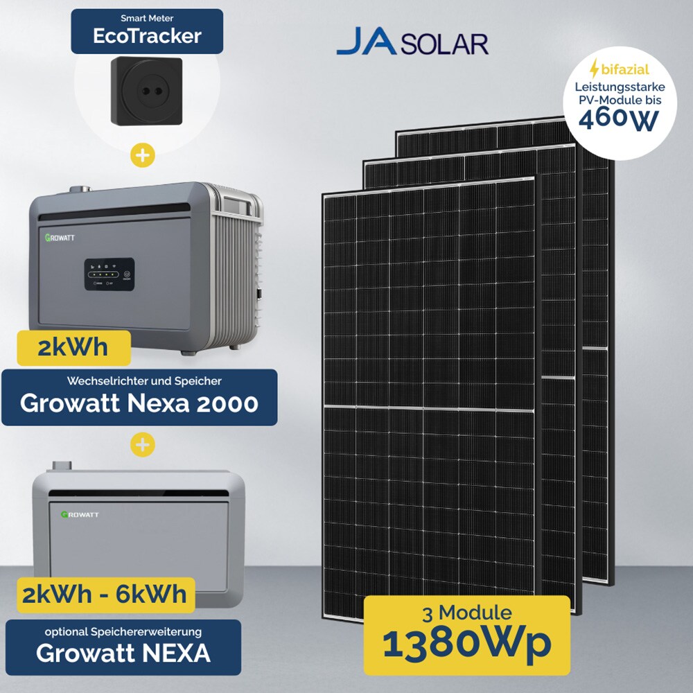 1395W Balkonkraftwerk mit Speicher - Growatt NEXA 2000 All-in-One & 3x JA Solar 460W 