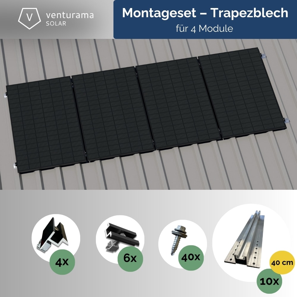 Montageset &ndash; Trapezblech &ndash; f&uuml;r 4 x PV-Module (hochkant, nebeneinander) 