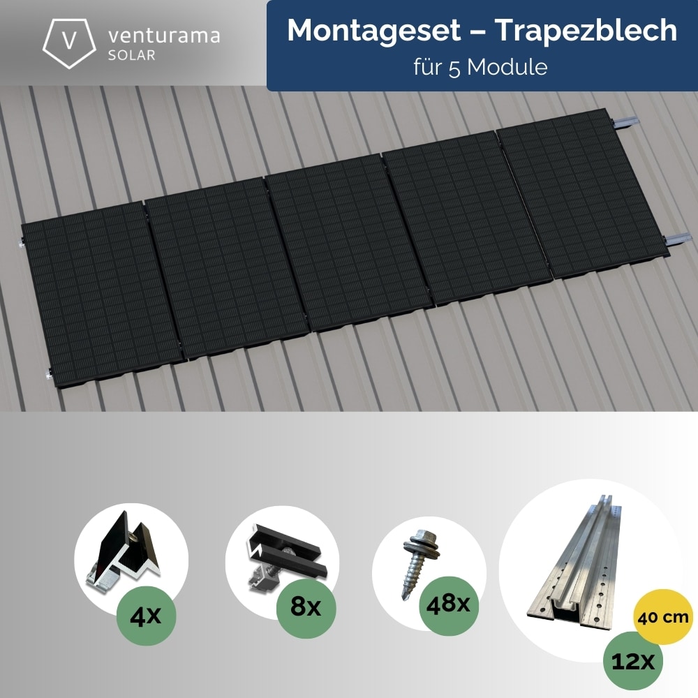 Montageset &ndash; Trapezblech &ndash; f&uuml;r 5 x PV-Module (hochkant, nebeneinander) 