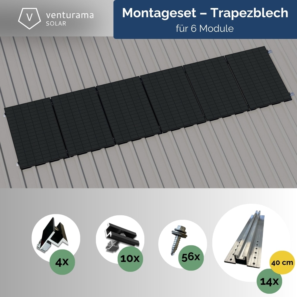 Montageset &ndash; Trapezblech &ndash; f&uuml;r 6 x PV-Module (hochkant, nebeneinander) 