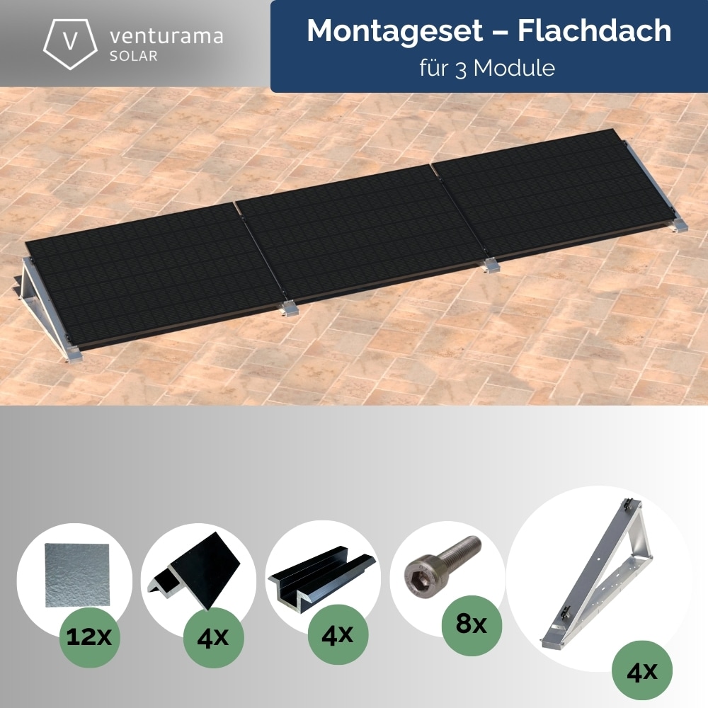Flachdach-Aufst&auml;nderung - "Flat-Flex"-Set - f&uuml;r 3 x PV-Module (nebeneinander) 