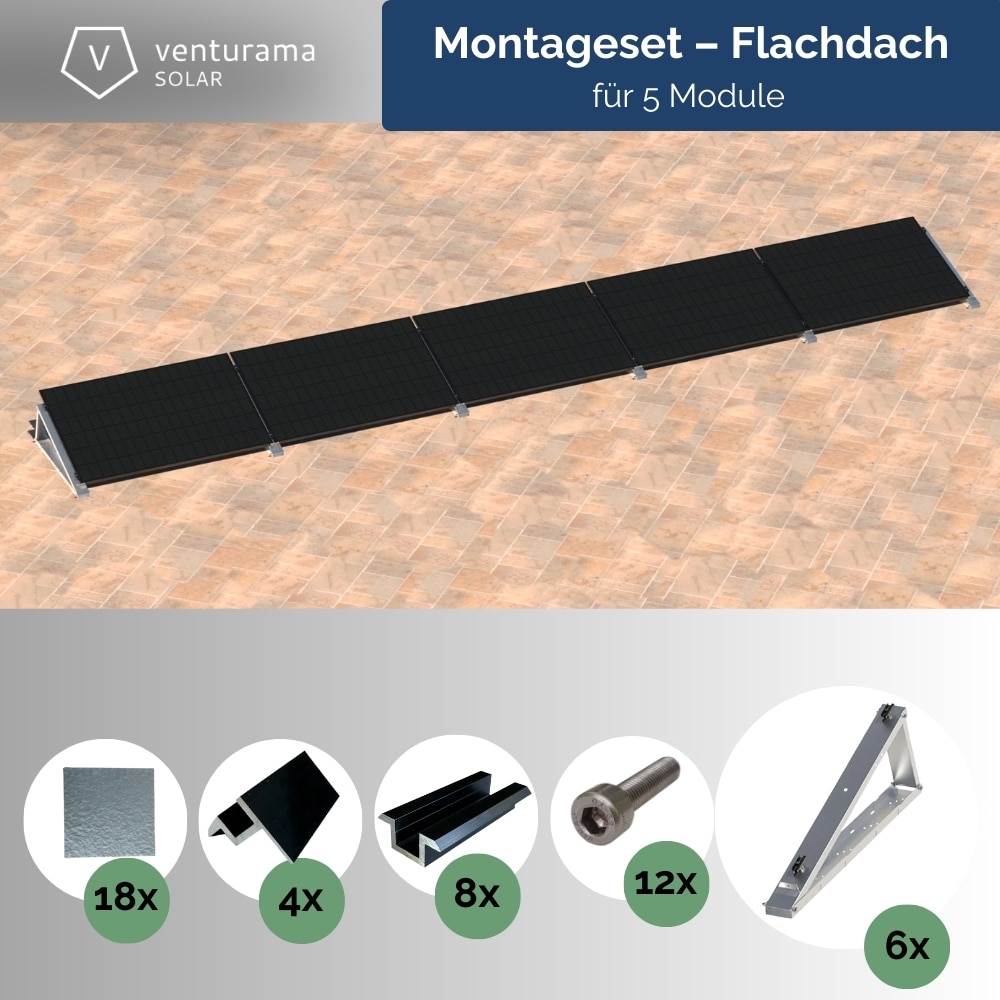 Flachdach-Aufst&auml;nderung - "Flat-Flex"-Set - f&uuml;r 5 x PV-Module (nebeneinander) 