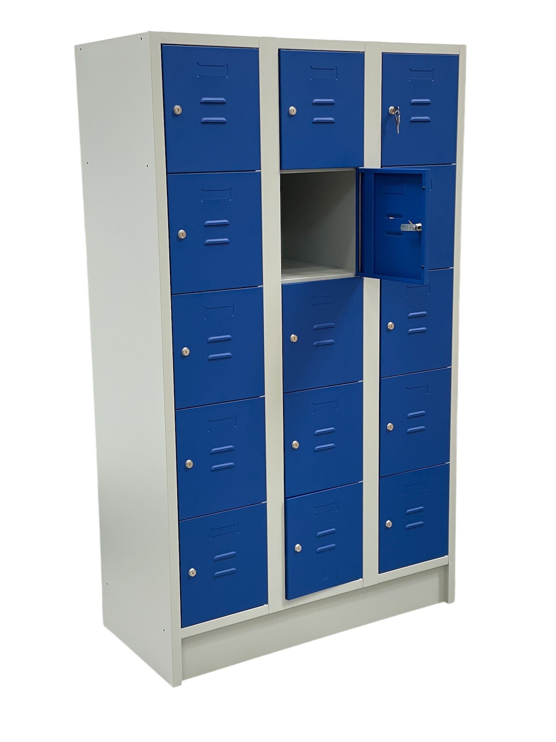 CEHA Schlie&szlig;- und F&auml;cherschrank mit 105 cm Breite und 15 F&auml;cher lichtgrau/enzianblau 