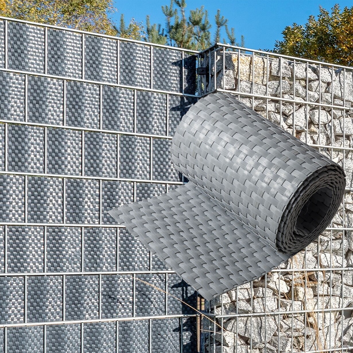 NYVI Polyrattan Sichtschutzstreifen Privafence 255 x 19 cm - Sichtschutz f&uuml;r Doppelstabmatten Zaun Farbe:Hellgrau;Anzahl:5 