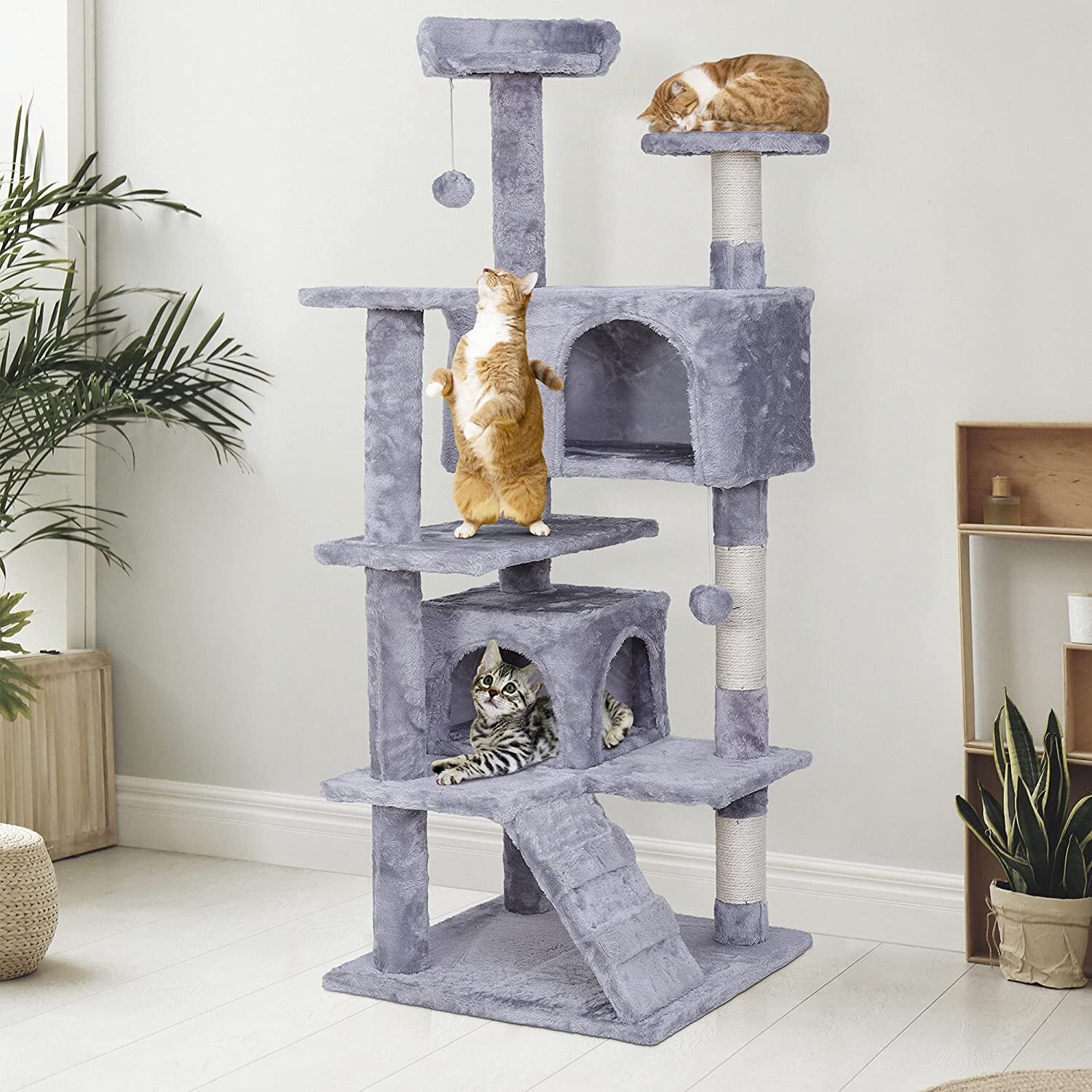 NYVI Katzen Kratzbaum Luzifer 134 cm Grau - Deluxe Katzenbaum mit Katzenhöhlen, Plattformen, Katzenspielzeug und Sisal Kratzsäule