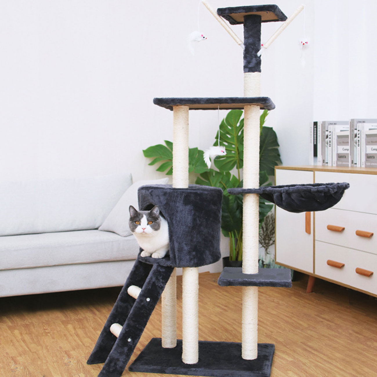 NYVI Katzen Kratzbaum Simba 142 cm Dunkelgrau - Deluxe Katzenbaum mit Katzenh&ouml;hle, Spielzeug, Plattform, Sisal Kratzs&auml;ule und H&auml;ngematte 