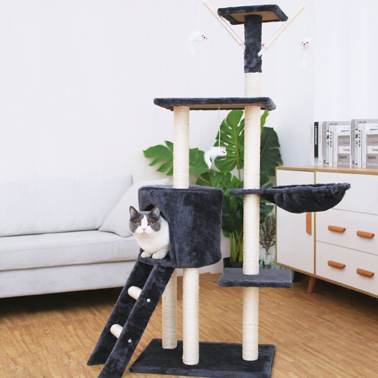 Katzen Kratzbaum Simba 142 cm Dunkelgrau - Deluxe Katzenbaum mit Katzenhöhle, Spielzeug, Plattform, Sisal Kratzsäule und Hängematte