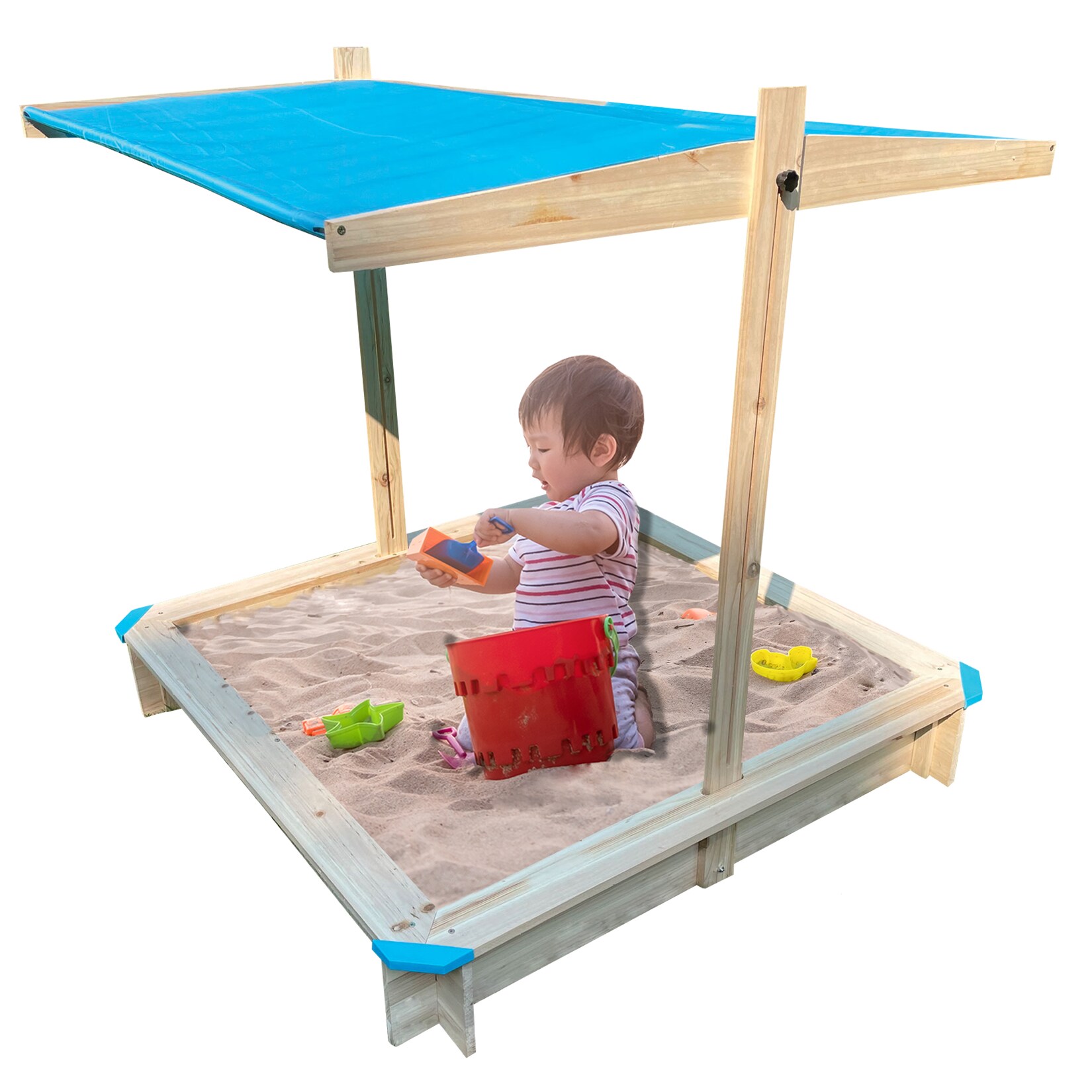 Kinder Sandkasten mit Dach NYVIKids Lucia 116x116 cm - Sandkasten mit verstellbarer Sonnenschutz Abdeckung & 4 Sitzbänken