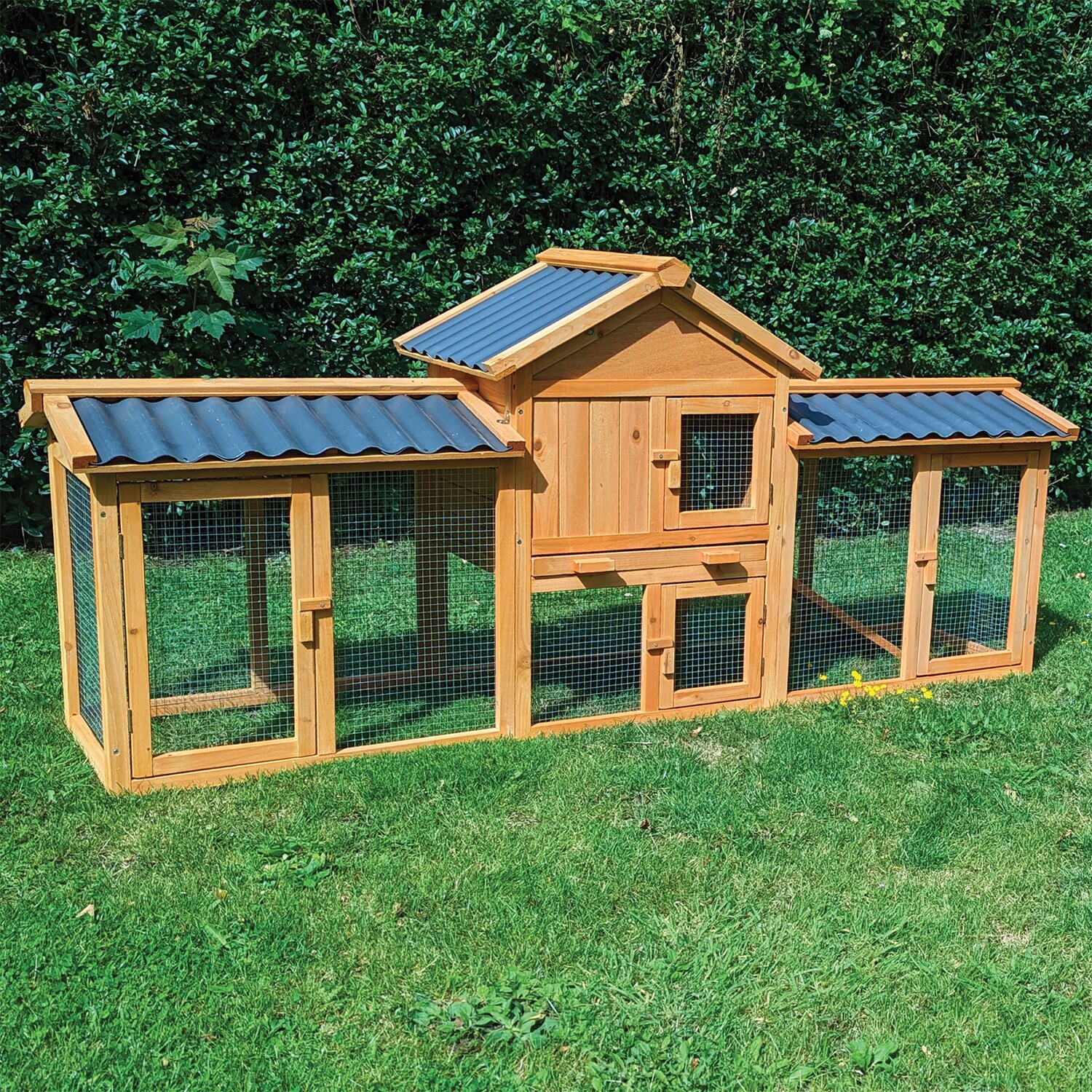 NYVI Hasenstall Picasso mit Auslauf - Natur - XXL Kleintierstall mit Gehege - PVC Dach - Winterfest & Wetterfest f&uuml;r Drau&szlig;en 