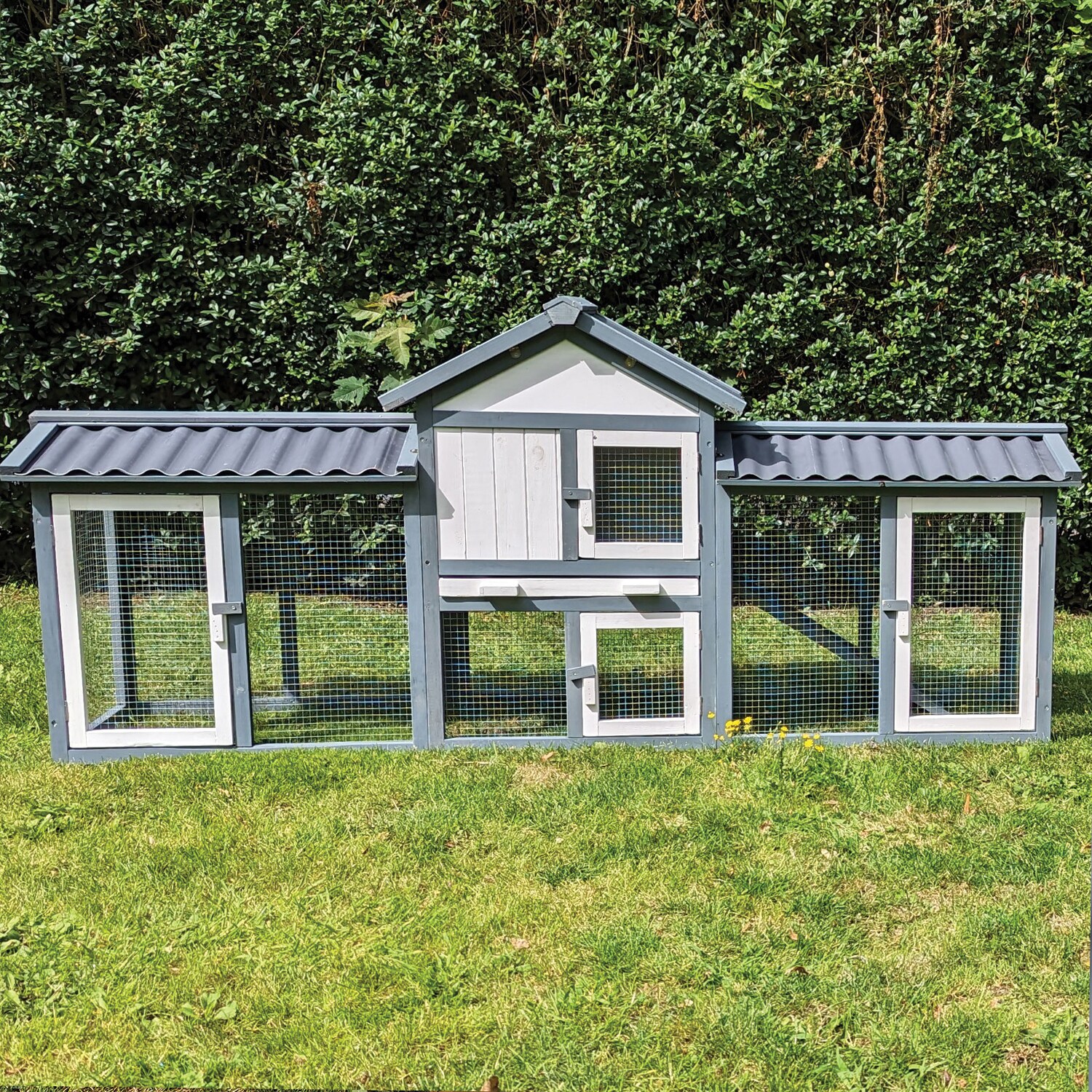 Hasenstall Picasso mit Auslauf - Grau - XXL Kleintierstall mit Gehege - PVC Dach - Winterfest & Wetterfest für Draußen