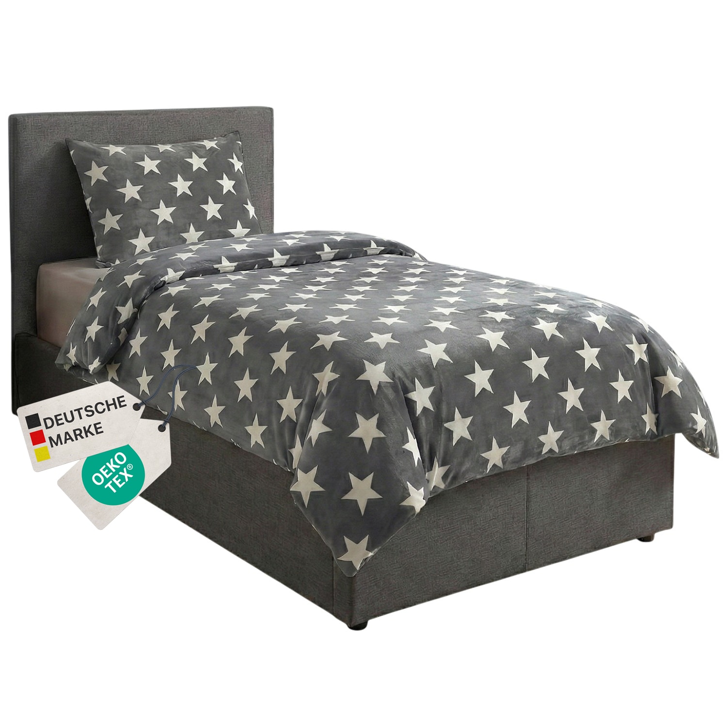 NYVI  Winter Bettw&auml;sche CozyStar Soft 2-teilig 1x Bettbezug 135x200 + 1x Kissenbezug 80x80 Sterne Farbe:Grau 