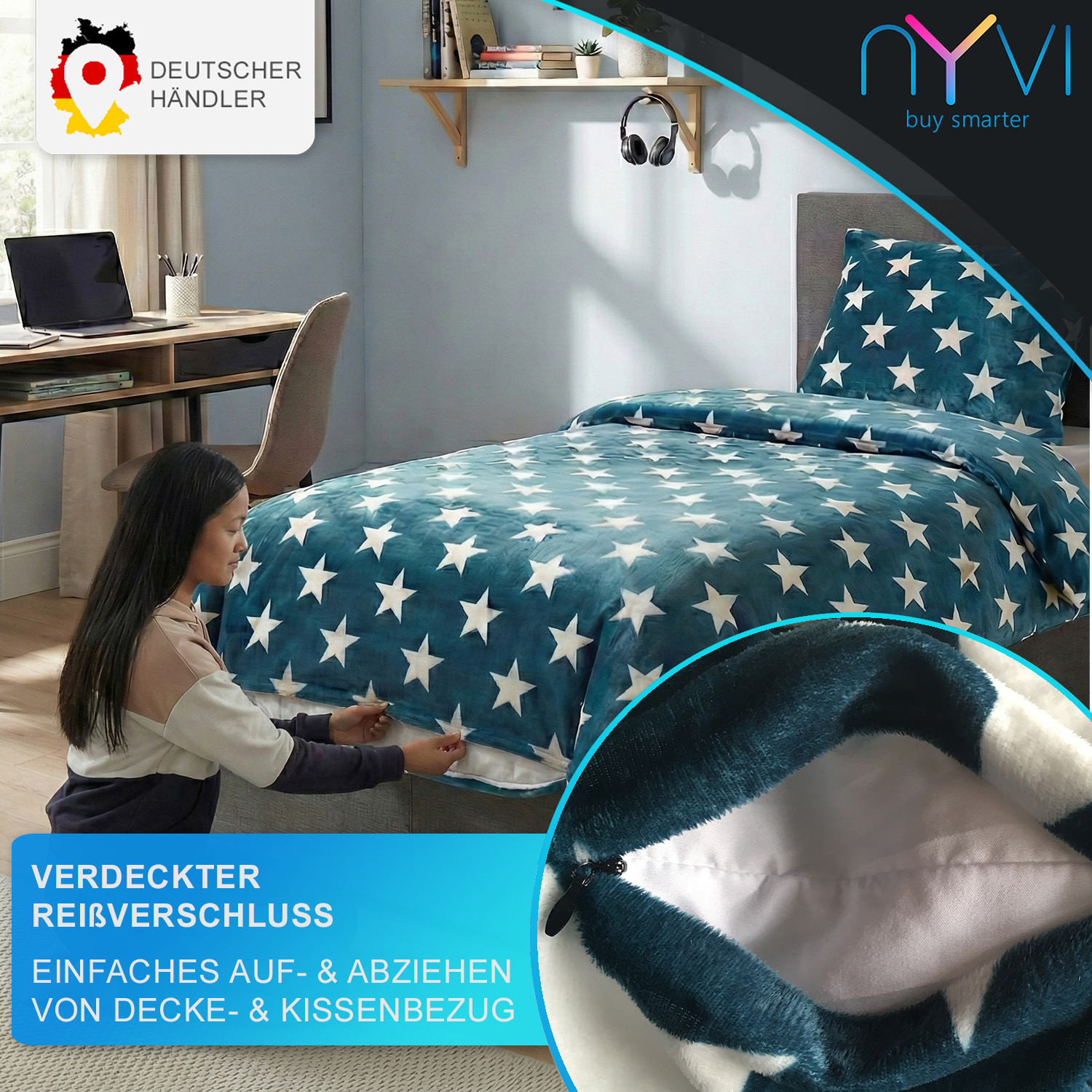 NYVI Winter Bettwäsche CozyStar Soft 2-teilig 1x Bettbezug 135x200 + 1x Kissenbezug 80x80 Sterne Farbe:Dunkelblau