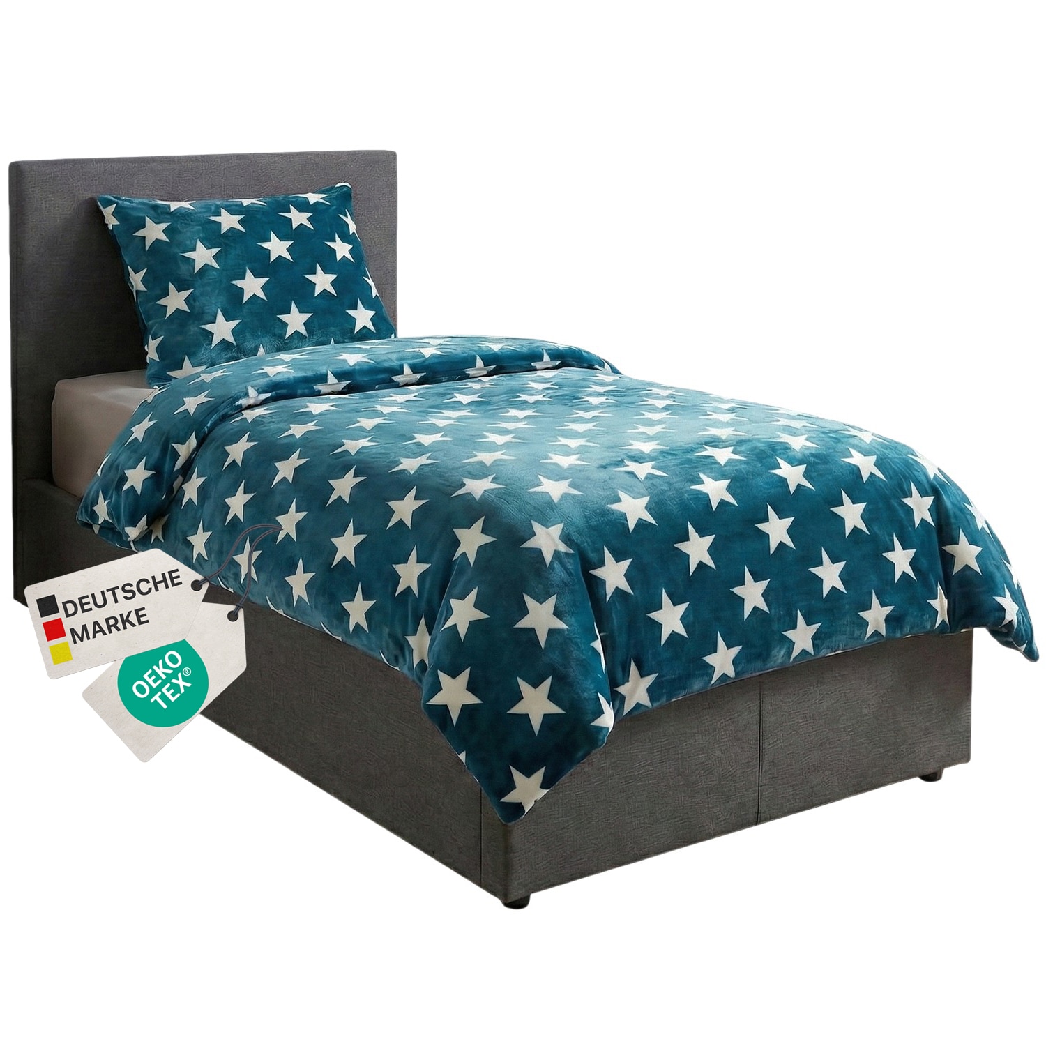 NYVI  Winter Bettw&auml;sche CozyStar Soft 2-teilig 1x Bettbezug 135x200 + 1x Kissenbezug 80x80 Sterne Farbe:Petrol 