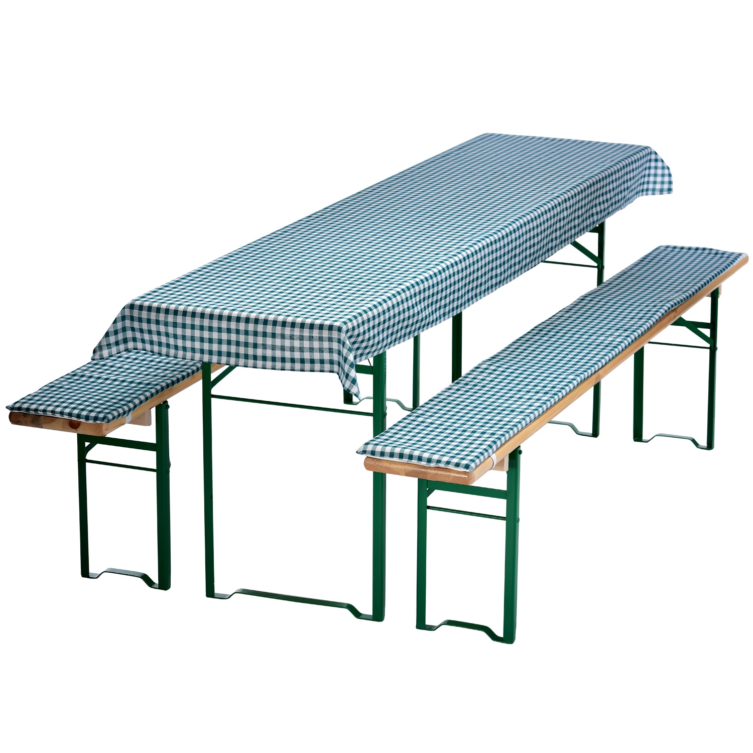 NYVI Bierbankauflagen Set NYVIGala 3 teilig - Auflagen f&uuml;r Bierzeltgarnitur - Tischdecke f&uuml;r Biertisch & Sitzpolster f&uuml;r Bierb&auml;nke Gr&ouml;&szlig;e:130x70 cm;Farbe:Gr&uuml;n Kariert 