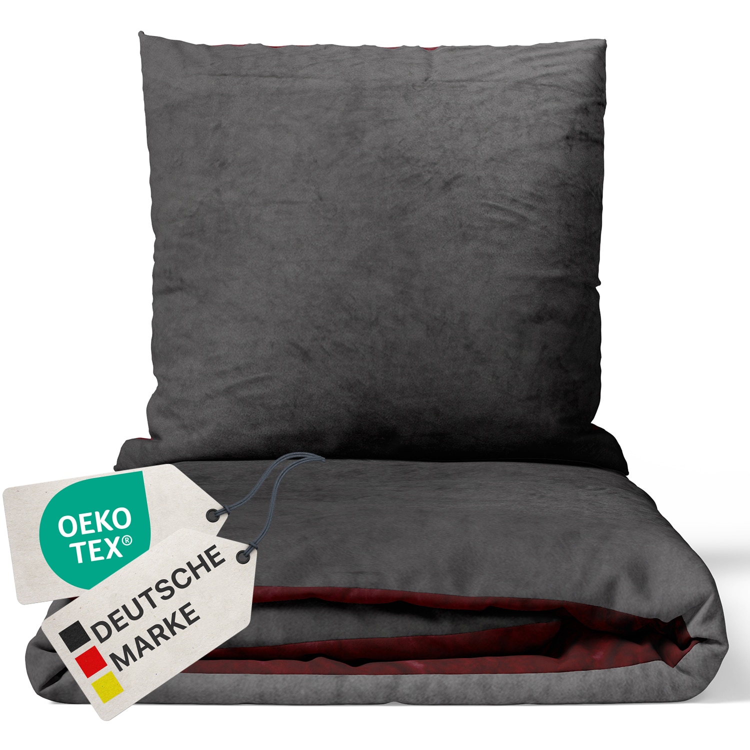 NYVI Winter Bettw&auml;sche Set DreamScience Cashmere Touch - Kuschelweich & W&auml;rmend - Mit Rei&szlig;verschluss Gr&ouml;&szlig;e:135x200 + 80x80 cm;Farbe:anthrazit/bordeaux 