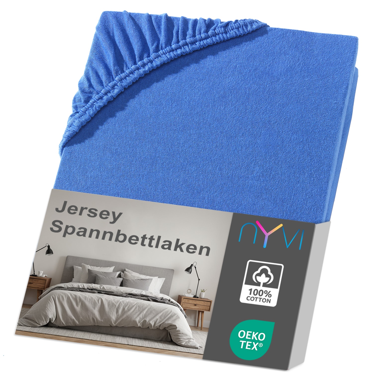 NYVI Jersey Spannbettlaken DreamScience f&uuml;r Matratzen bis 22 cm H&ouml;he - Weich & Anschmiegsam, Rundumgummizug, B&uuml;gelfrei Farbe:royalblau;Gr&ouml;&szlig;e:120x200 - 130x200 cm 