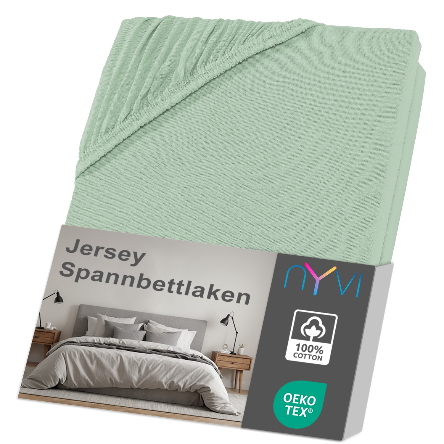 NYVI Jersey Spannbettlaken DreamScience f&uuml;r Matratzen bis 22 cm H&ouml;he - Weich & Anschmiegsam, Rundumgummizug, B&uuml;gelfrei Gr&ouml;&szlig;e:90x200 - 100x200 cm;Farbe:eukalyptus 