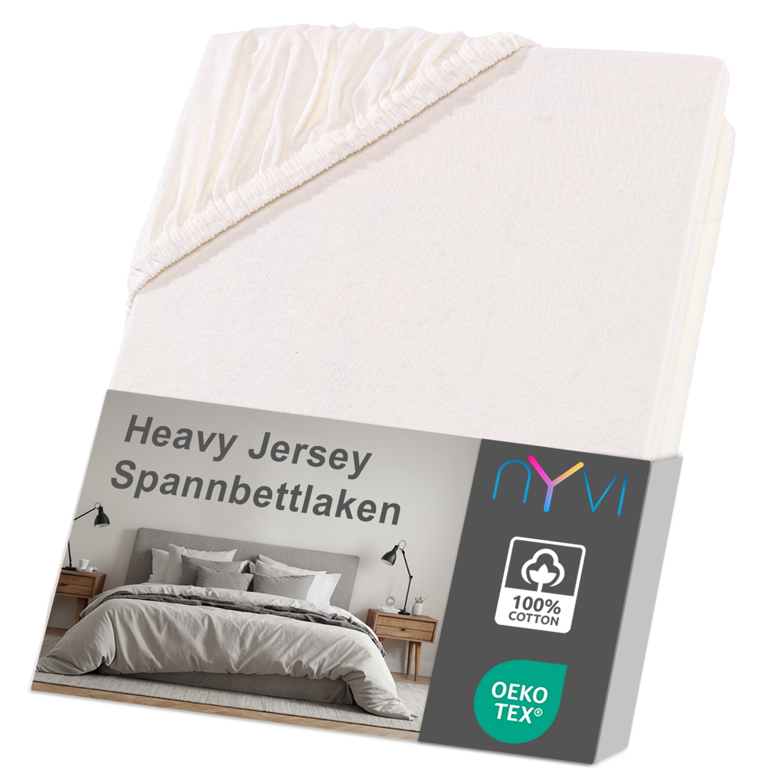 NYVI Spannbettlaken DreamScience Heavy Jersey  - Spannbetttuch, Formstabil, 160g/m&sup2;, Rundum-Gummizug, B&uuml;gelfrei Farbe:natur;Gr&ouml;&szlig;e:120x200 - 130x200 cm 