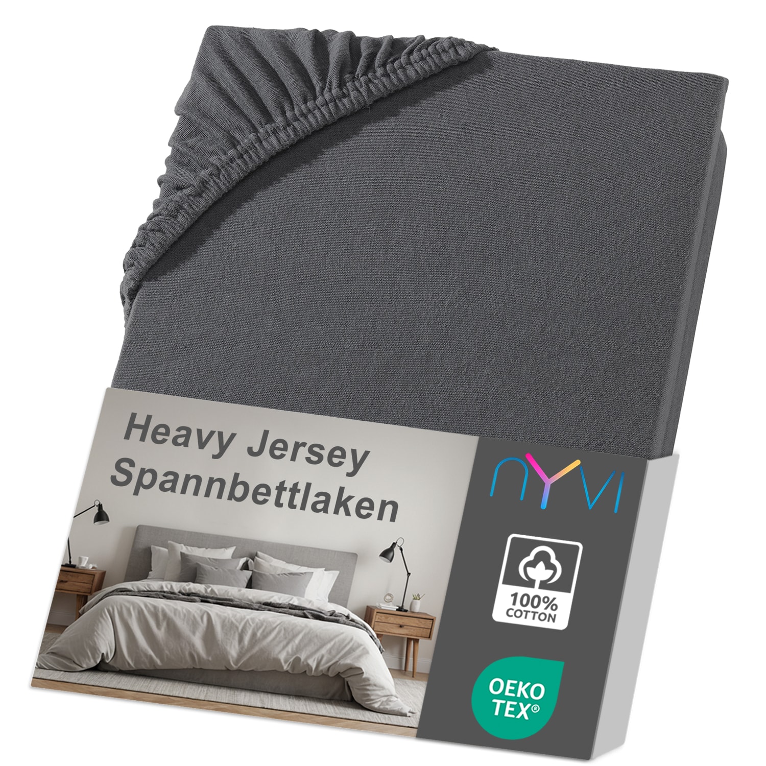 NYVI Spannbettlaken DreamScience Heavy Jersey  - Spannbetttuch, Formstabil, 160g/m&sup2;, Rundum-Gummizug, B&uuml;gelfrei Farbe:anthrazit;Gr&ouml;&szlig;e:180x200 - 200x200 + 15 cm Topper 