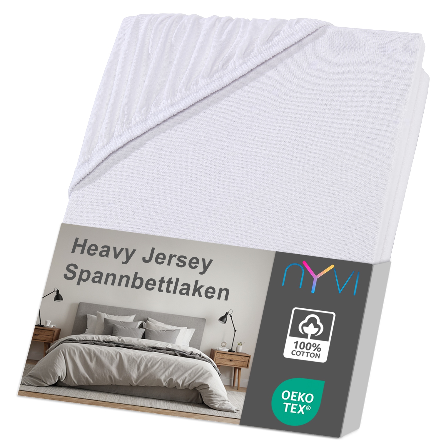 NYVI Spannbettlaken DreamScience Heavy Jersey  - Spannbetttuch, Formstabil, 160g/m&sup2;, Rundum-Gummizug, B&uuml;gelfrei Farbe:wei&szlig;;Gr&ouml;&szlig;e:180 - 200x200 + 15 cm Split Topper 